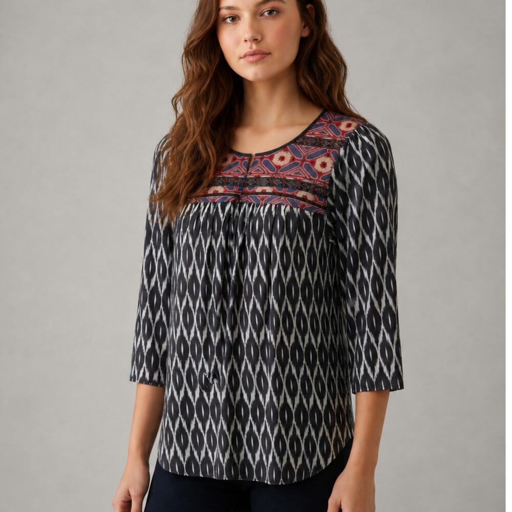 Anthropologie One September XS Mixed Media Embroidered Tunic Top Boho Peasant